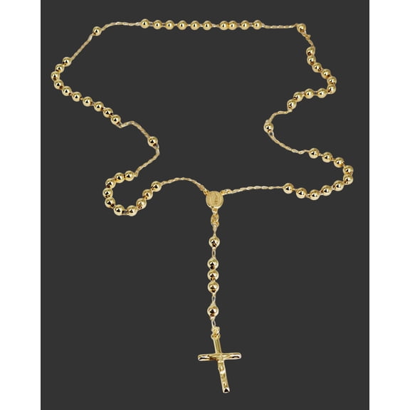 MST Solid 925 Sterling Silver 14K Gold-Plated Rosary Beads Chain Necklace – 24in 5mm Rosario, Italian, Unisex, All Ages