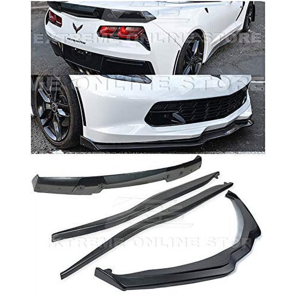 For 2014-2019 Corvette C7 | Z06 Stage 2 ABS Plastic Plastic-BLACK Front Lip Splitter CARBON FIBER End Caps & Side Skirt Rocker Panels With Stage 3 Rear Spoiler Assembly Smoke Tinted WickerBill