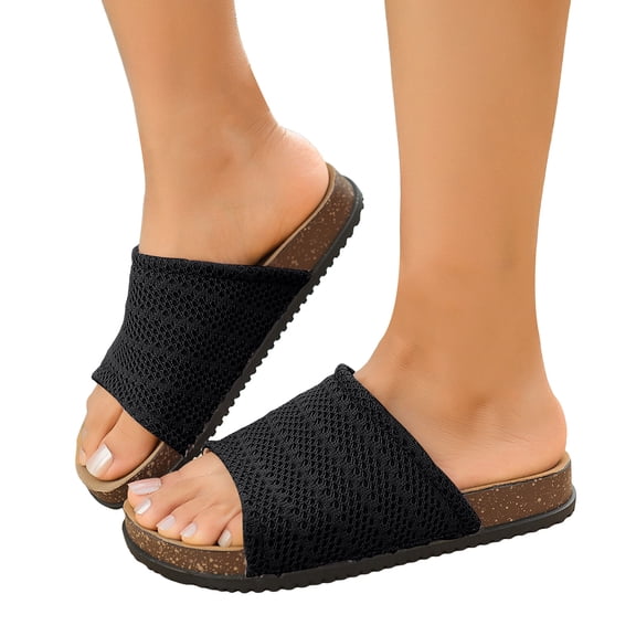 Rokment Cork Footbed Platform Slides Sandals for Women 2026 Summer Beach Vacation Comfortable Mesh Walking Flat Dress Slip on Slippers Wide Feet Black Size 5.5