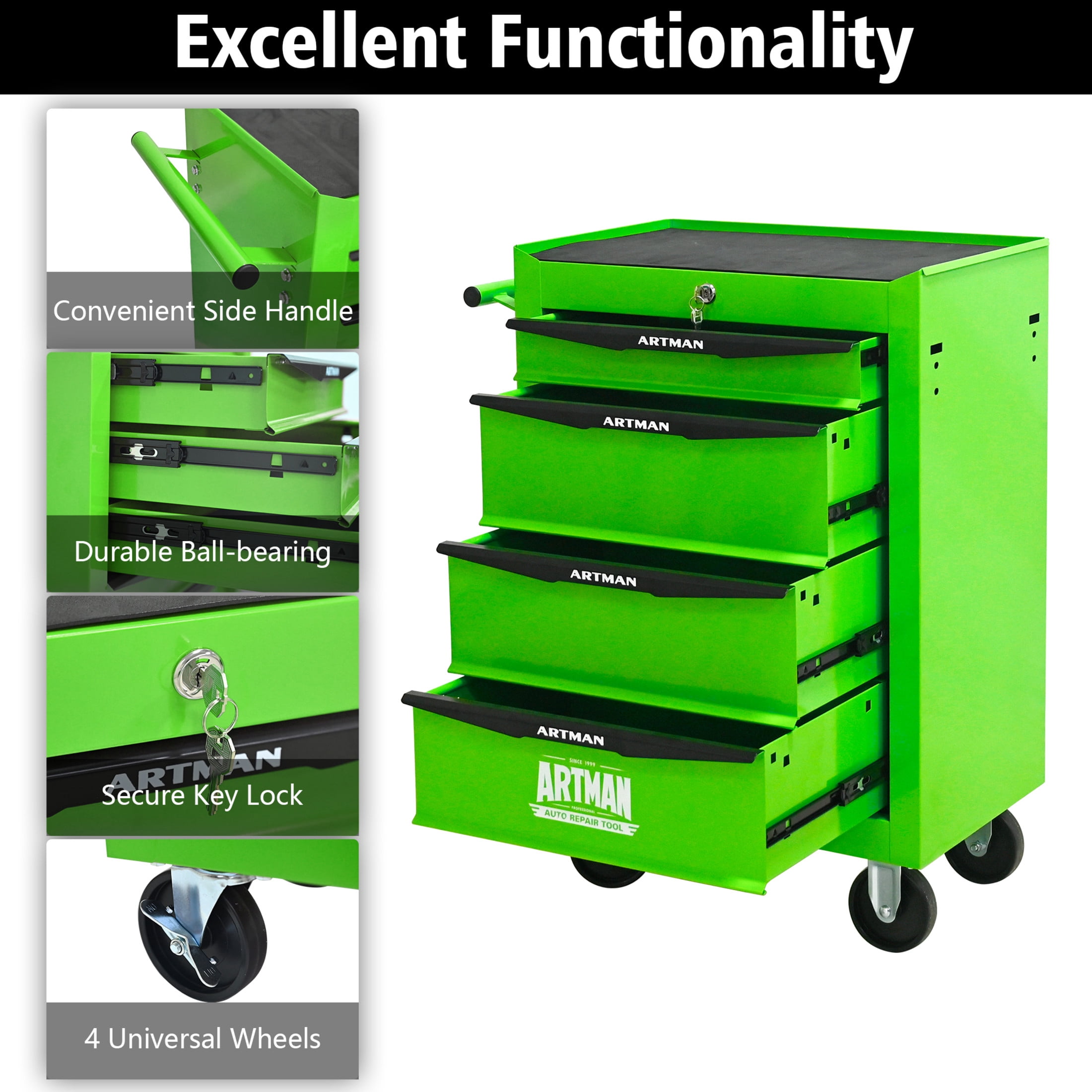 Noble House 4-Drawer Mobile Steel Tool Organizer with Key Lock, Ball Bearing Slide Storage Cabinet Box, Green