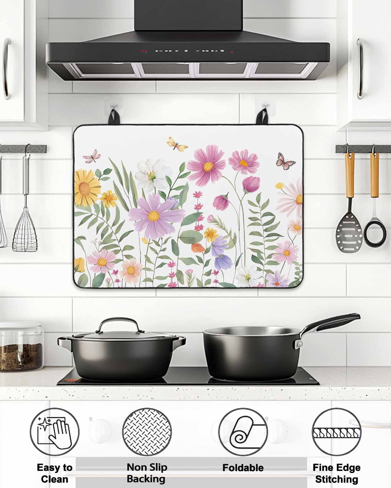 Stove Top Covers for Electric Stove, Botanical Floral Glass Stovetop Cover Protector, Spring Colorful Flowers Butterfly Induction Cooktop Protector Oven Mat for Kitchen Countertop 24"x21"