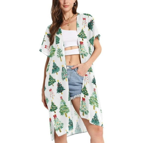 ALAZA Women's Beach Cover Up Christmas Trees Kimono Swimsuit Summer Cardigan Swimwear M