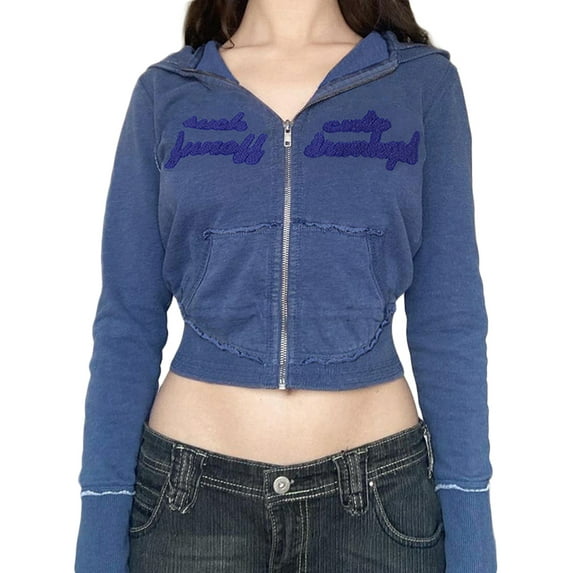 hirigin Women Zip Up Hooded Jacket Slim Fit Casual Letter Long Sleeve Crop Jacket Autumn Outwear