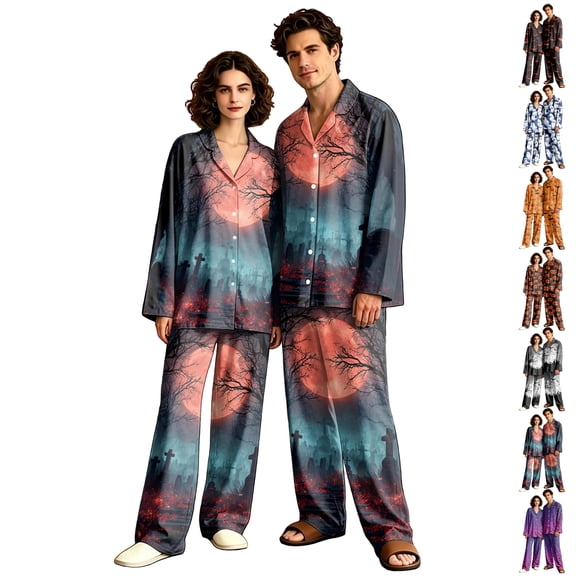 Halloween Couple Matching Pajamas Long Sleeve His and Hers Pajamas Sets Sleepwear Halloween Pumpkin Button Down Soft Loungewear 2 Pcs Pj Set Black S