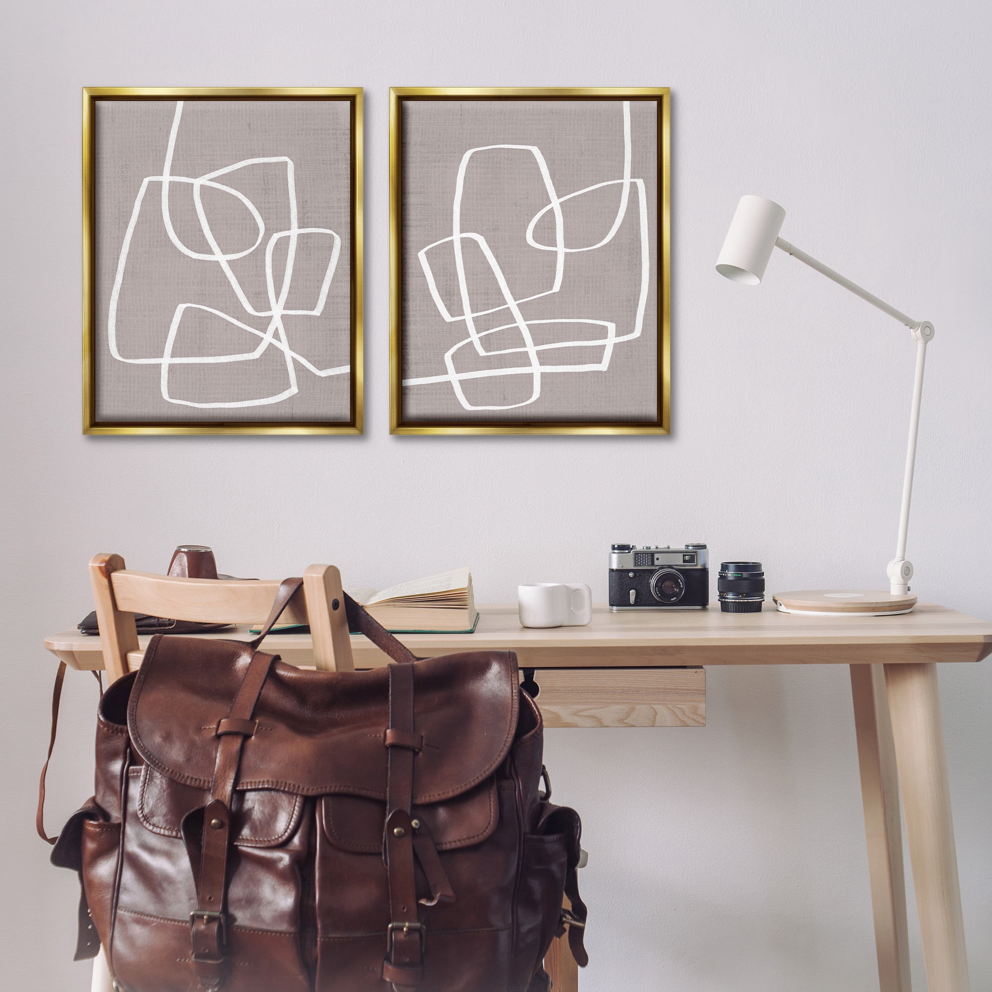 Stupell Industries Minimal Abstract Busy Line Abstract Painting Gold Floater Framed Canvas Art Print Wall Art, 25 x 31, Set of 2
