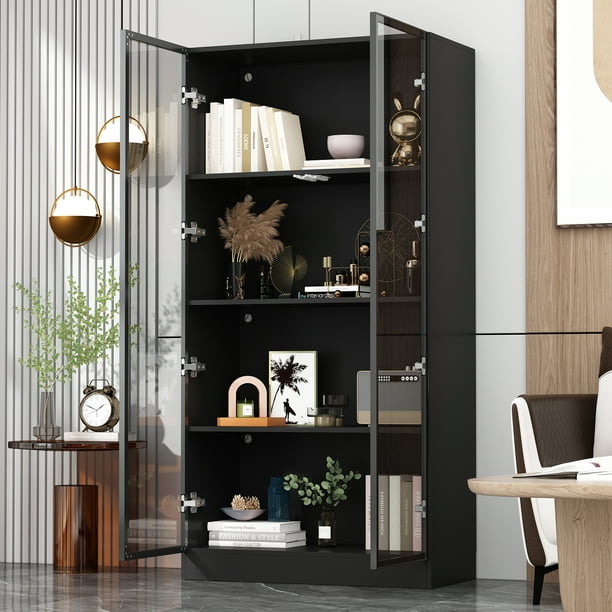 MONSLIPA Display Cabinet with Lights, Glass Cabinet with Doors and