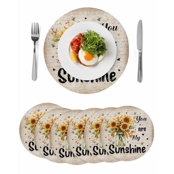 Round Woven Placemats set of 6, Vintage Sunflower Washable&Heat Resistant Plastic Wipeable Placemats for Round Table You Are My Sunshine Love Quotes Kitchen Dining Table Decor, 15in,