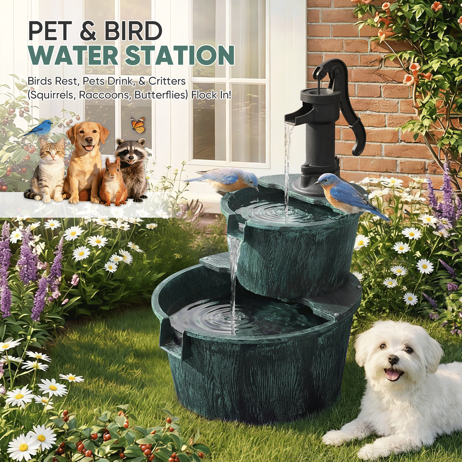 Magshion 27" 2-Tier Barrel & Pump Waterfall Fountain, Freestanding with Recirculating Pump, for Garden Patio Backyard, 11L, Green