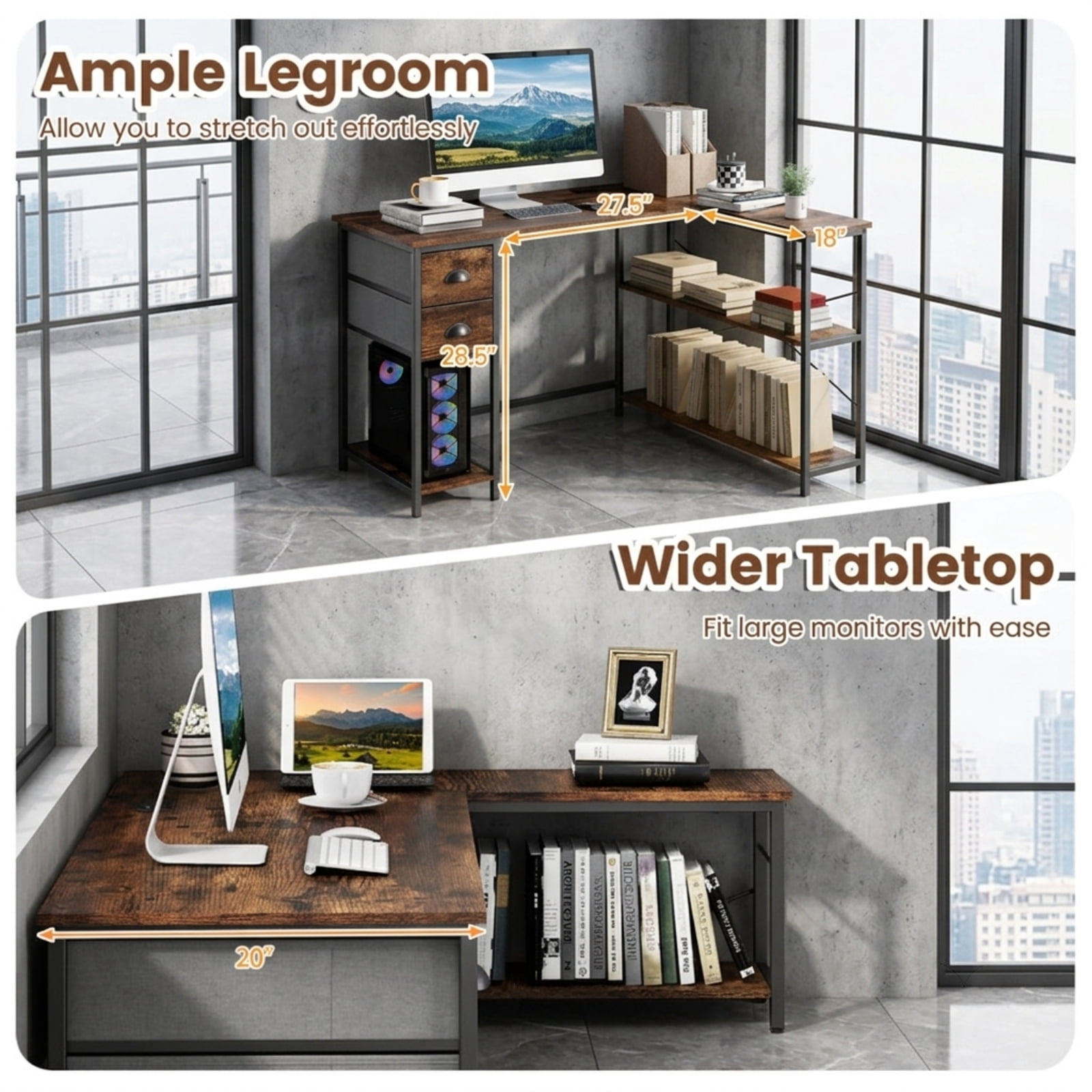 Furnibear L Shaped Desk with Charging Station, Corner Computer Desk with 2 Fabric Drawers Open Shelves and Metal Frame for Home Office, Rustic Brown