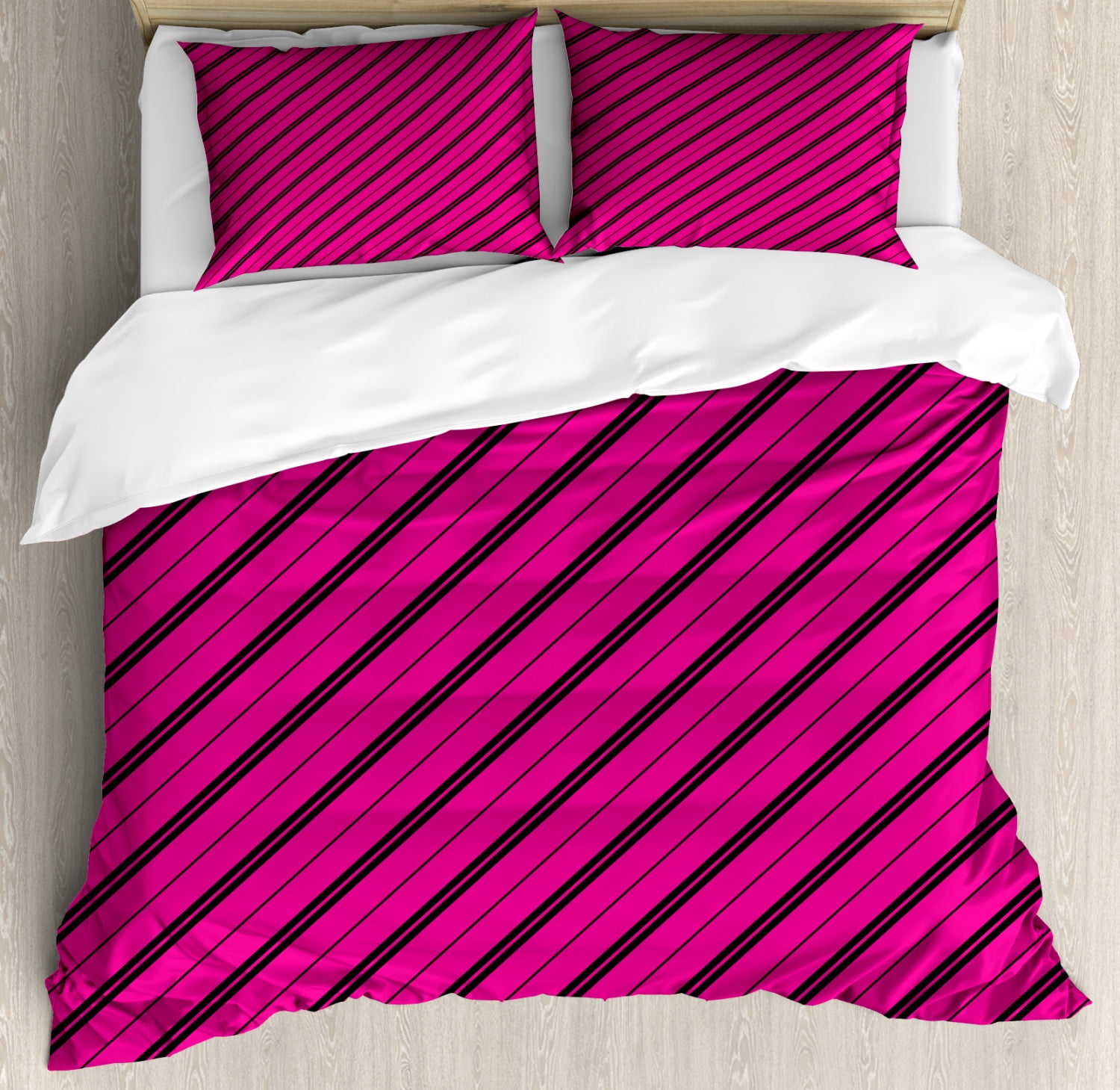 Hot Pink Duvet Cover Set, Diagonal Lines Black Stripes on Pink Backdrop