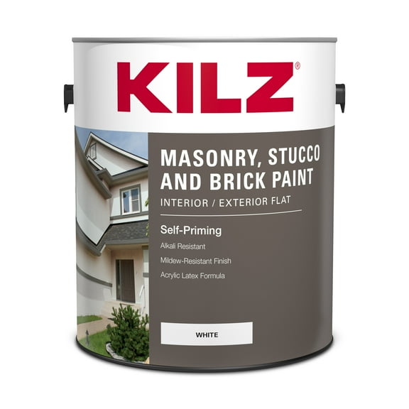 KILZ Self-Priming Masonry, Stucco and Brick Paint, Interior/Exterior, Flat, White, 1 Gallon