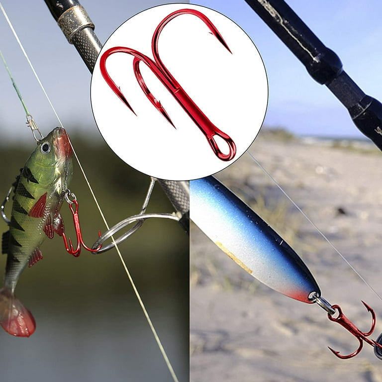 Fishing Red Treble Hooks,100pcs Sharp Round Bend Barbed Treble
