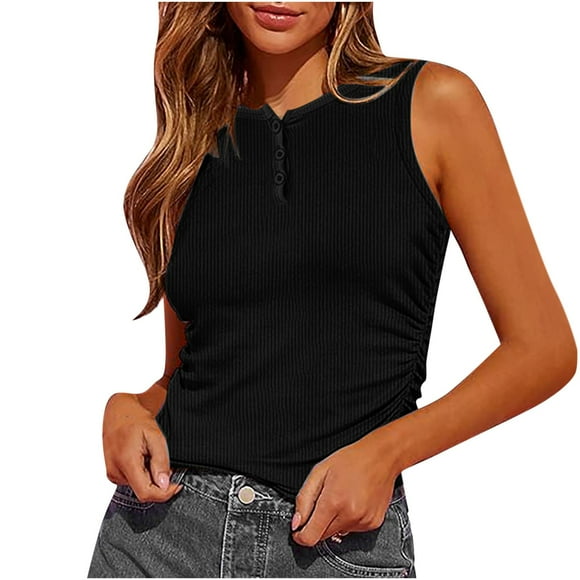 Posijego Ribbed Tank Tops for Women Going out Crop Top Ruched Side Button Neck Sleeveless Shirts for Ladies