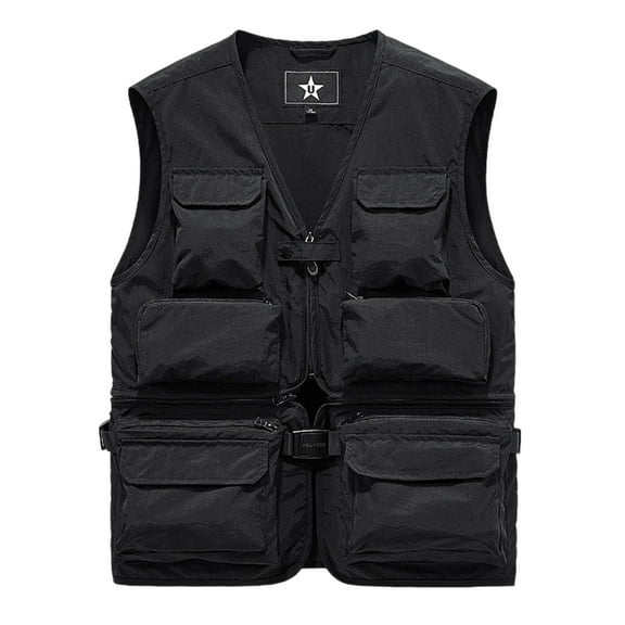APEXFWDT Men's Cargo Vest Fishing Travel Outdoor Work Photo Vests with 6 Pockets Photography Work Outerwear Vests,L,Black
