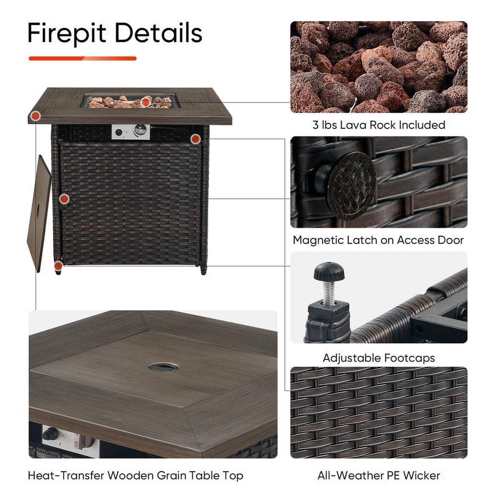 PARKWELL 8-Piece Outdoor Furniture Set with 30-Inch Propane Firepit - Rattan Cushioned Sofa and Wicker Swivel Glider Chairs,Outdoor Seating for Backyard Gatherings, Brown/Gray