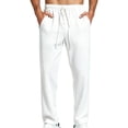 thumbnail image 5 of Men's Waffle Knit Casual Pants Fashion Loose Fit Straight Leg Button Closure Drawstring Elastic Waist for Travel Daily Wear Fall, White, L, 5 of 9