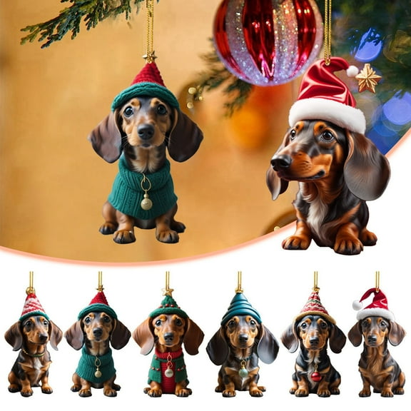 7PCS Christmas Dachshund Dog Ornaments, Cute Dachshund Hanging Decorations with Hat, 2D Acrylic Hanging Ornament, Car Interior Hanging Pendants for Xmas Tree Home Winter Holiday Decor
