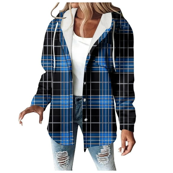 Winter Warm Jackets For Women Checkered Striped Printe Long-sleeved Hooded Casual Blue Blouse Sweatshirt S-3XL