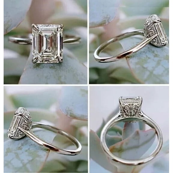 2CT Emerald Cut Lab Created Diamond Art Deco Style 14K White Gold Plated Engagement Ring