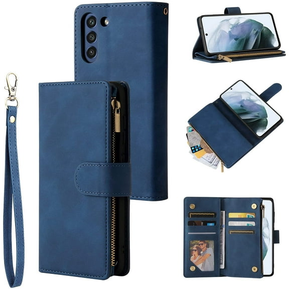 Wallet Case for Samsung Galaxy S21 FE, Premium Vintage PU Leather Magnetic Closure Handbag Zipper Pocket Case Kickstand Card Holder Slots with Wrist Strap TPU Shockproof Flip Case - Blue