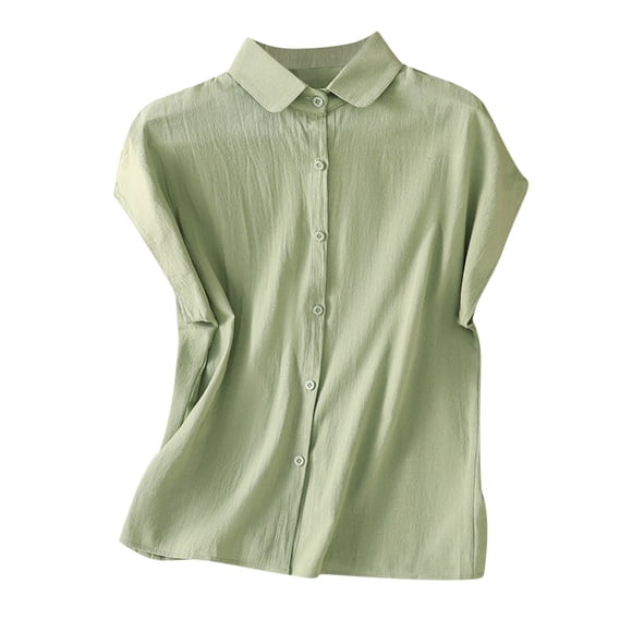 Timegard Womens Tops Cap Sleeve Button down Shirts Lapel Neck Cotton Linen Casual Lightweight Blouse