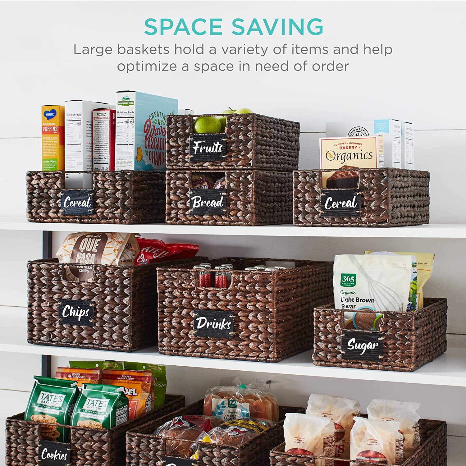 JFTER Pantry Baskets Set of 2 16x12in Water Hyacinth Storage Baskets, Woven Wicker Kitchen Organizers with handles w/Chalkboard Label Chalk Marker - Brown
