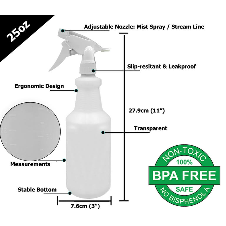  EZPRO USA Plastic Spray Bottle 24 Oz All-Purpose Heavy Duty  Spraying Bottles Leak Proof Mist Empty Water Bottle for Cleaning Solution  Pet Adjustable Nozzle Measurements 360 Upside Down White 3-pack 