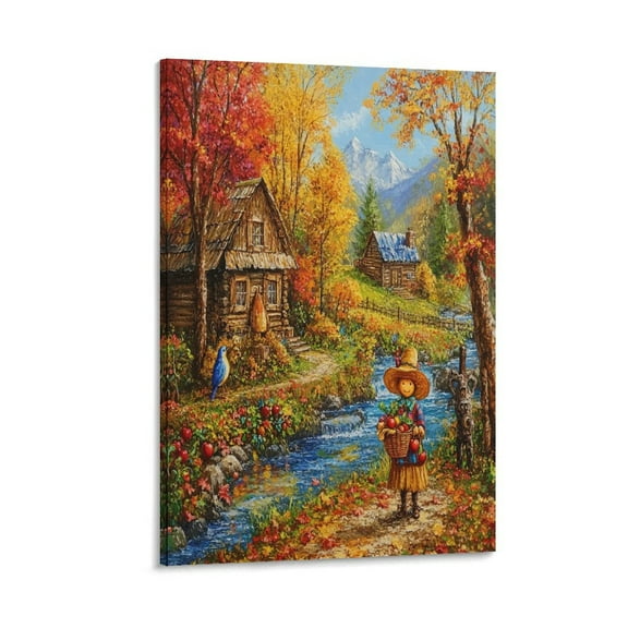 Hello Fall Thanksgiving Canvas Prints Wall Art 8x12inch Canvas Print Autumn Cabin Fall Forest Lake Tree Leaves Scarecrow Canvas Wall Decor for Bedroom Bathroom Decor Wall Art Framed Artwork