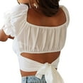 thumbnail image 3 of MRULIC t shirts for women Women's Fashion Ruffle Short Sleeve Off Shoulder Tie Up Back Crop Blouse Top Womens t shirts White + S, 3 of 9