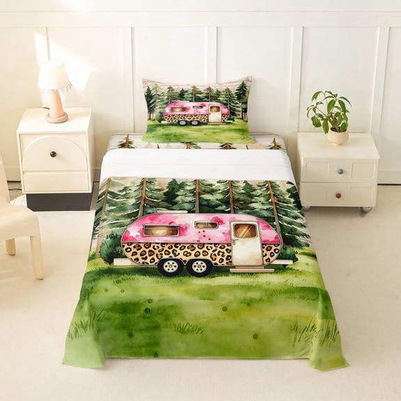 Castle Fairy Leopard Print Camper Twin Sheet Sets 3pcs for Kids, Forest Art Bedding for Bedroom, Pink Green