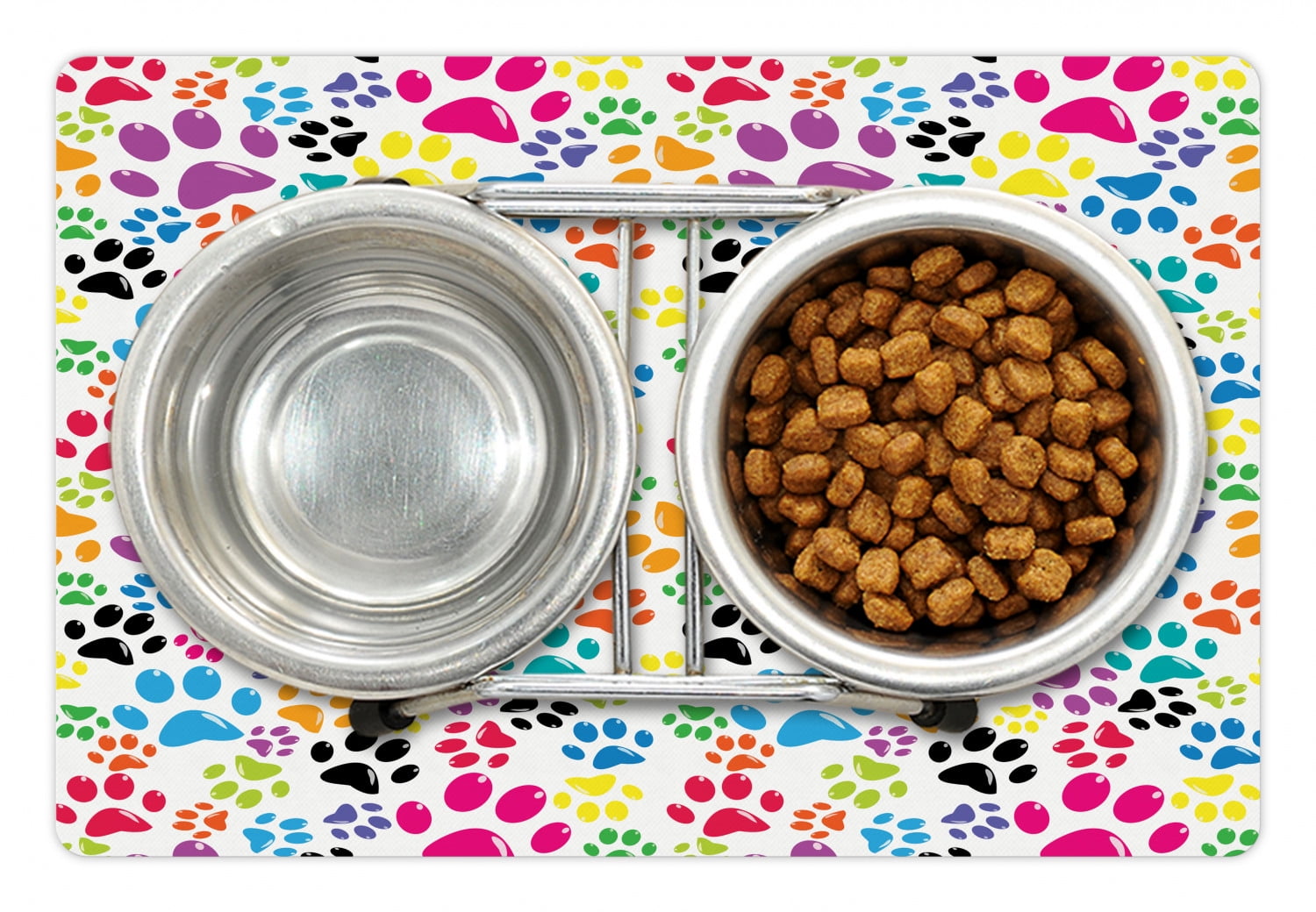 Dog Pet Mat for Food and Water, Colorful Little Paws Steps Childish