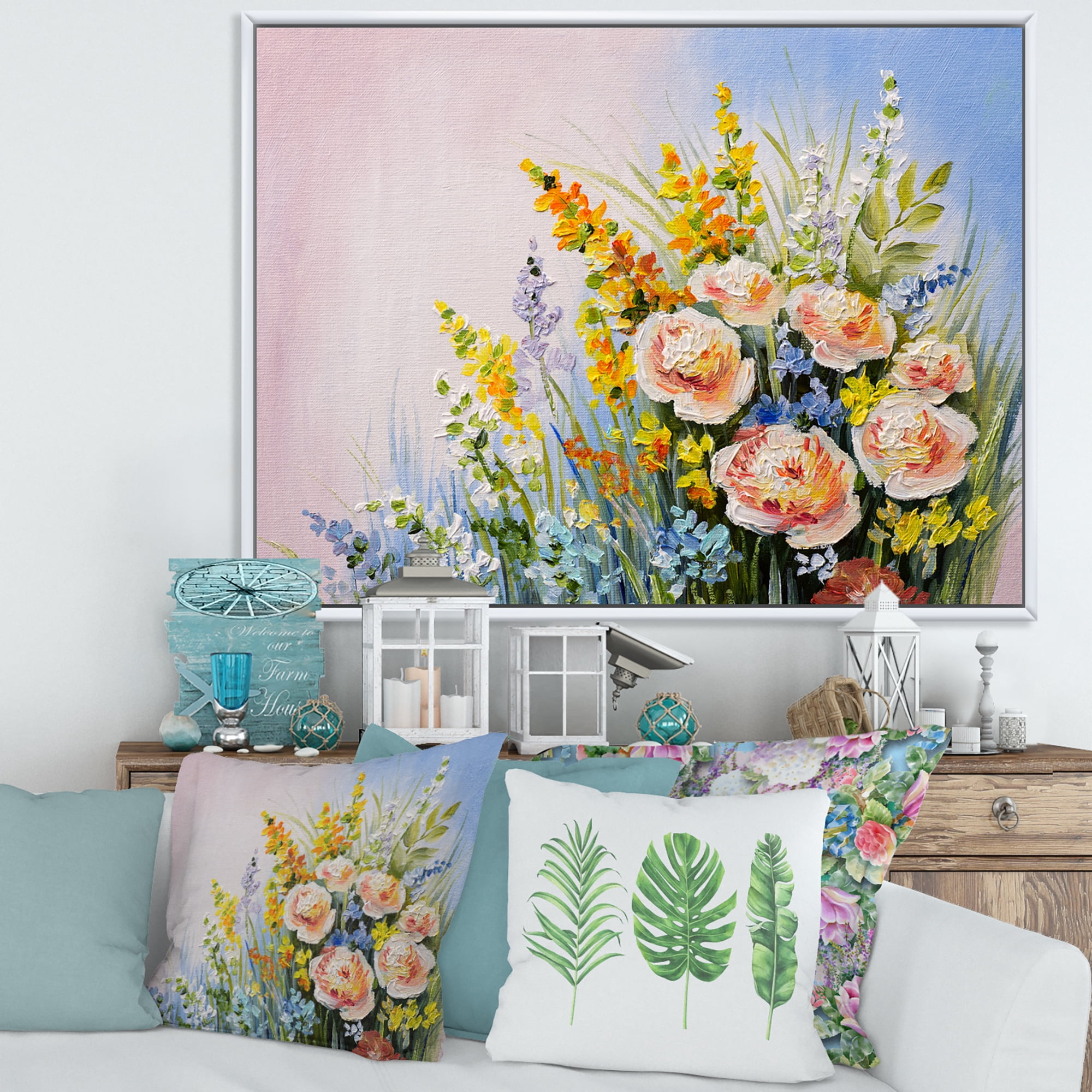 Yellow and Pink Summer Wildflowers 32 in x 16 in Framed Painting Canvas Art Print, by Designart