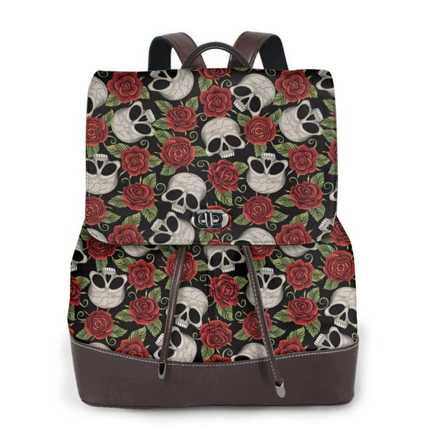 Disketp Red Rose Skull Mochila de Cuero para Mujer, Bolso de Espalda Antirrobo con Estilo para Viaje, Trabajo y Uso Diario