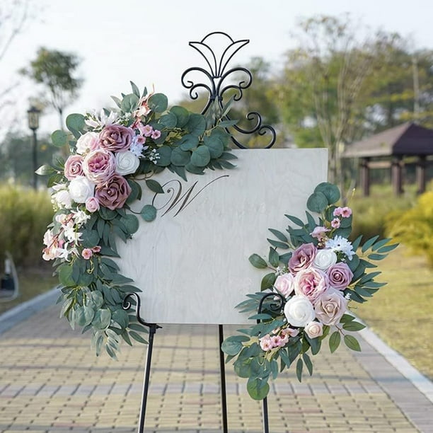 Flores Decorativas para San Valentín, Rosas Románticas Rosas y Blancas para Respaldo de Silla, Decoración de Mesa y Escalera de Boda, Flores Artificiales para Ambiente Festivo, Juego de 2 Piezas