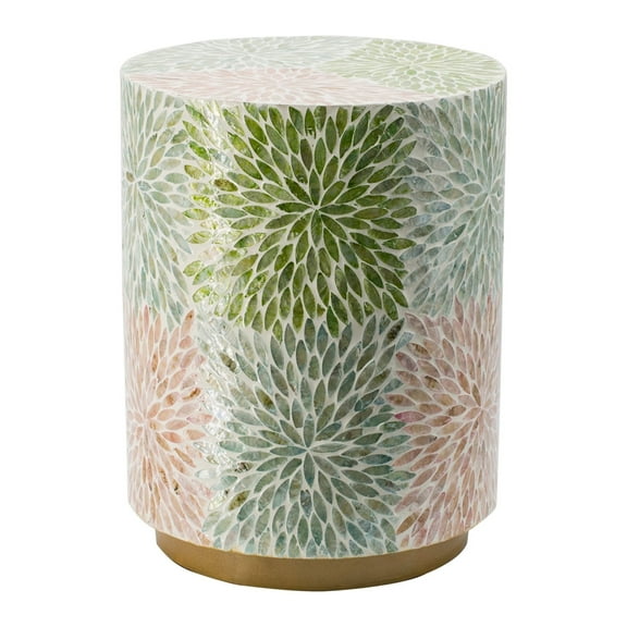 14 Inch Cylindrical Capiz Shell Accent Table Stool, Elegant Leaves Pattern- Saltoro Sherpi