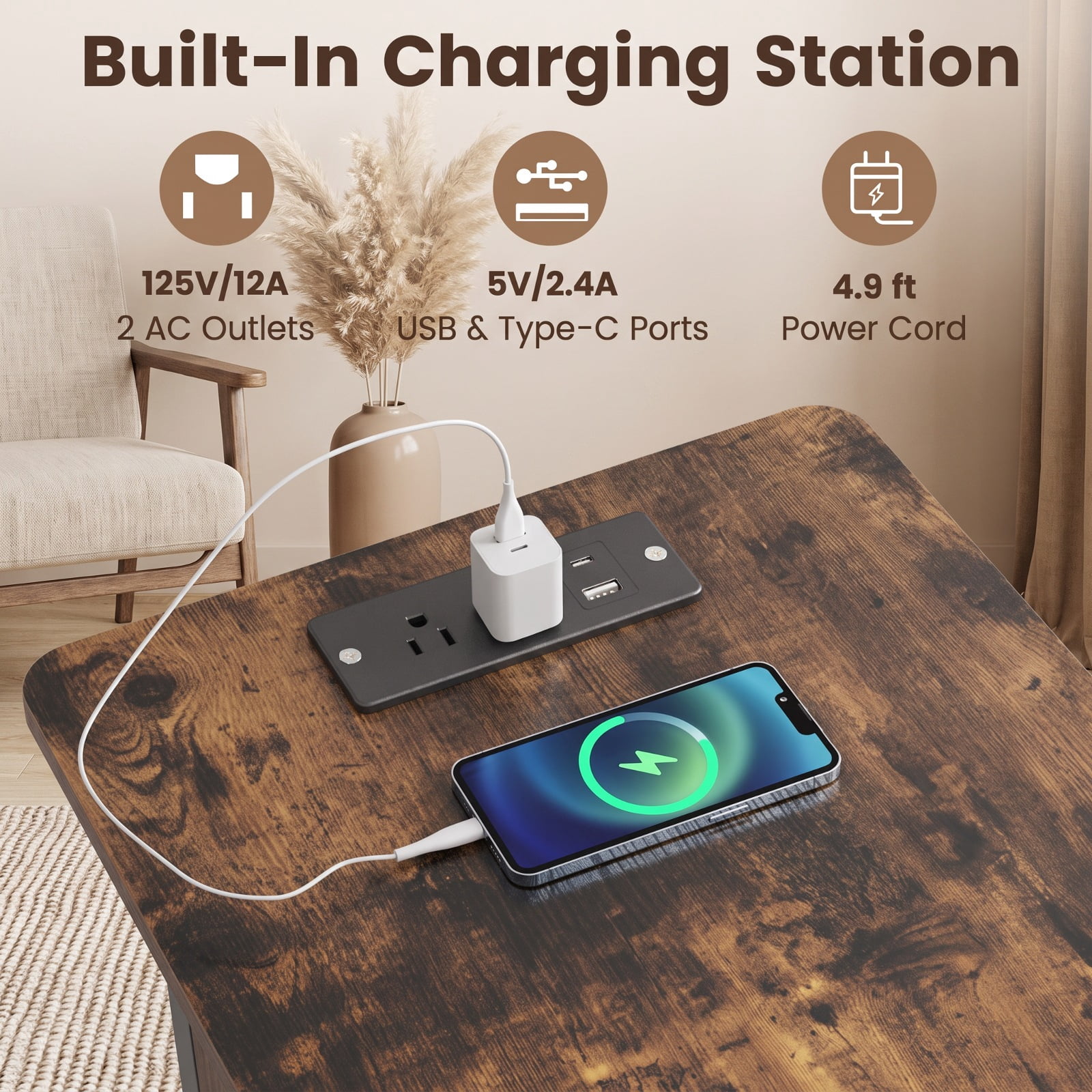 Furnibear Set of 2 End Table with Charging Station and Hidden Compartment USB Type C Ports and Bottom Shelf for Living Room Bedroom, Rustic Brown