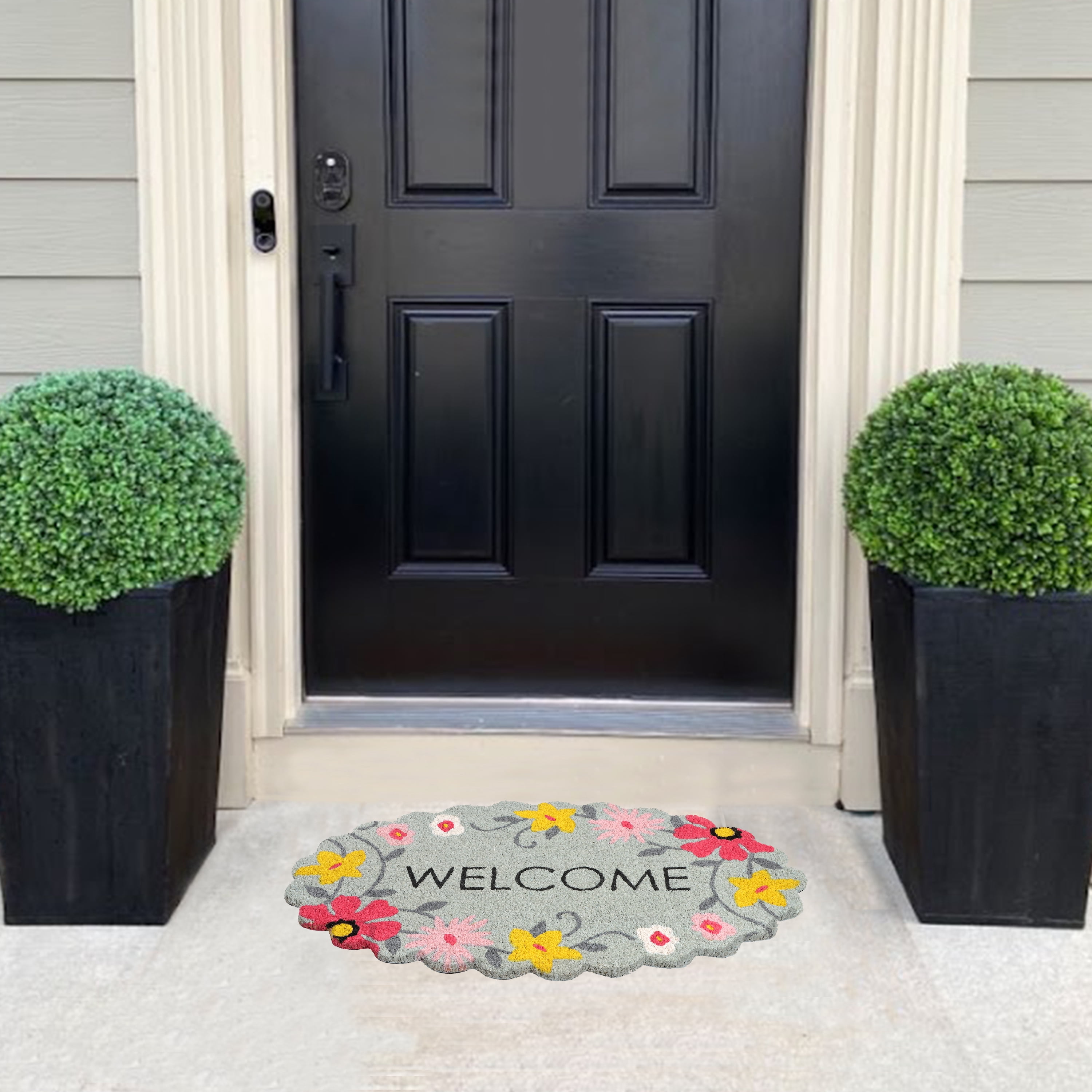 A1HC Natural Coco Coir Doormat, Spring Floral Scalloped, 18"x30", Durable Outdoor Welcome Mat, Non-Slip, Easy to Clean, Pet Friendly