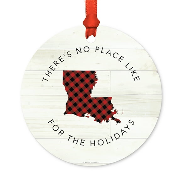US State Round Metal Christmas Ornament, Red Plaid on Light Rustic Wood, Louisiana, Includes Ribbon and Gift Bag
