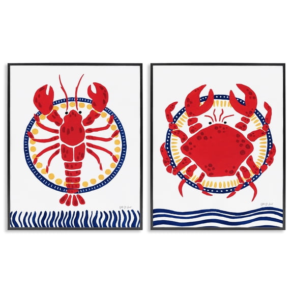 Stupell Industries Coastal Lobster & Crab Animals Painting Black Framed Art Print Wall Art, 11 x 14, Set of 2