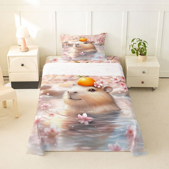 Erosebridal Kids Kawaii Capybara With Fruit Orange Twin Sheet Sets 3pcs,Boys Girls Floral Cherry Blossoms BeddingUltra Soft Home Decor