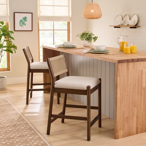 Better Homes & Gardens Lillian Fluted Counter Stools, Walnut & Cream, Set of 2