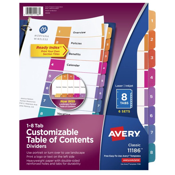 Divisores de pestañas Avery 8 para encuadernadores con 3 anillas, 6 juegos, multicolor