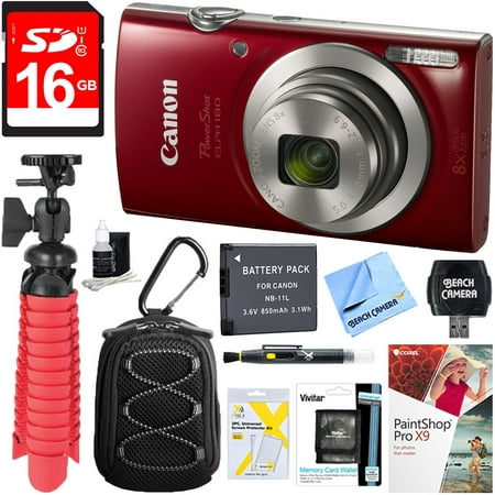Canon PowerShot ELPH 180 20MP 8x Optical Zoom Digital Camera (Red) + 16GB SDHC High Speed Memory Card & Accessory