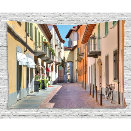 City Tapestry, Town of Alba Piedmont Northern Italy Narrow Stone Paved Street Among Colorful Houses, Wall Hanging for Bedroom Living Room Dorm Decor, 60W X 40L Inches, Multicolor, by