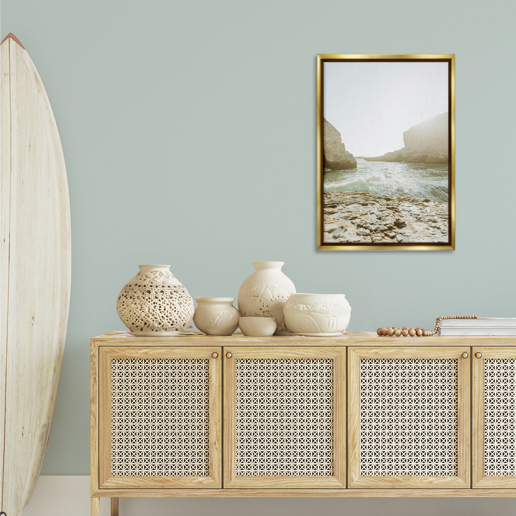 Stupell Industries Rocky Beach Cove Landscape Photography Gold Floater Framed Canvas Art Print Wall Art, 21 x 31