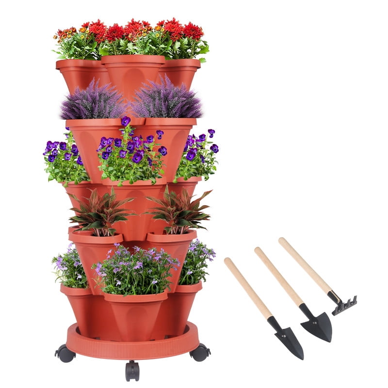 DUNCHATY 5 Tier Stackable Growing System for Strawberries and Herbs, High-Capacity Vertical Planter Tower, Outdoor Raised Garden Bed Alternative with Drainage Holes (Red)