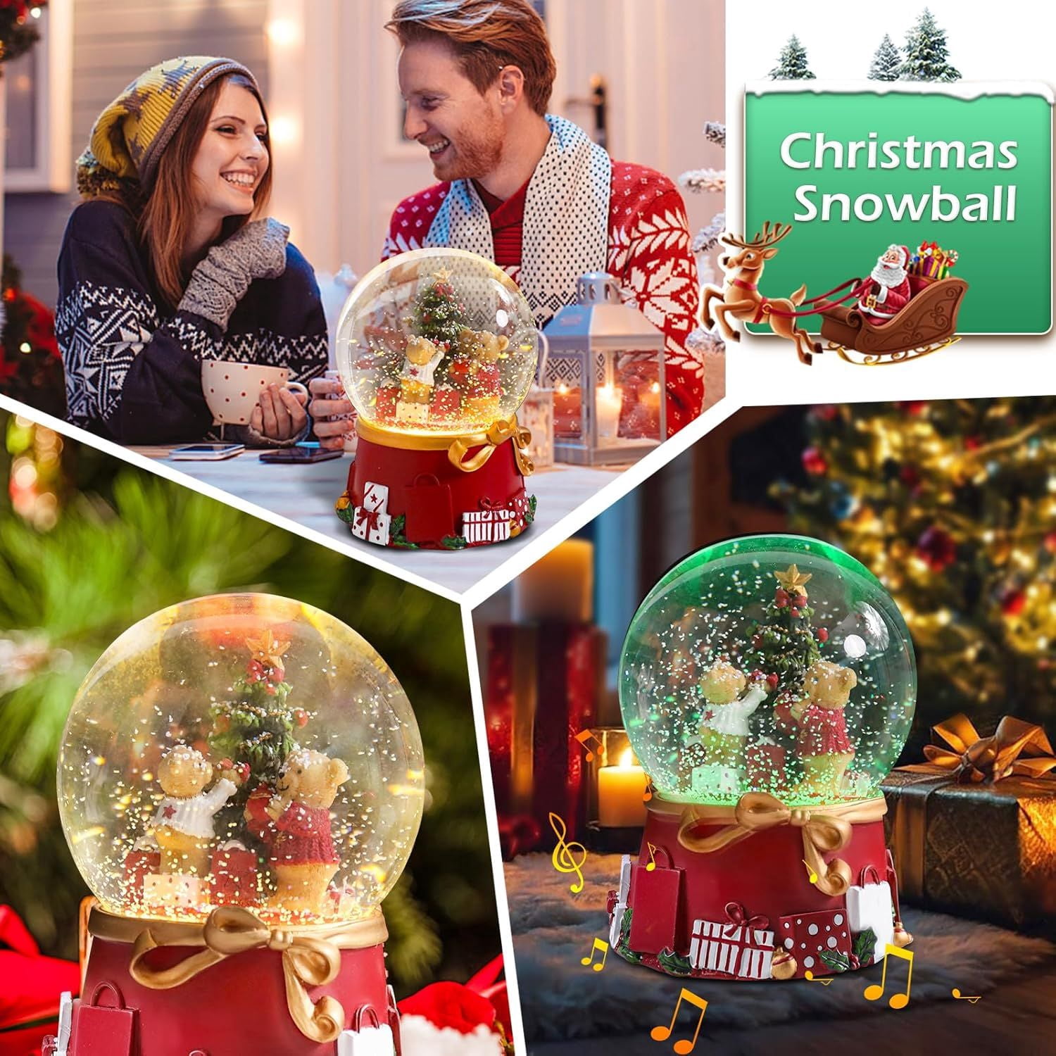 Christmas Snow Globes Gingerbread Man Village House in Cup Christmas Snow Globe with 8 Songs Color Changing Battery Operated Musical Box for Christmas Home Party Décor