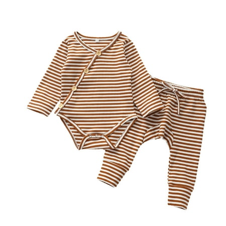 

Honeeladyy Winter Coats Infant Baby Boys Girls Long Sleeve Striped Romper Bodysuit+Pants Outfits Set Brown Clearance under 10$
