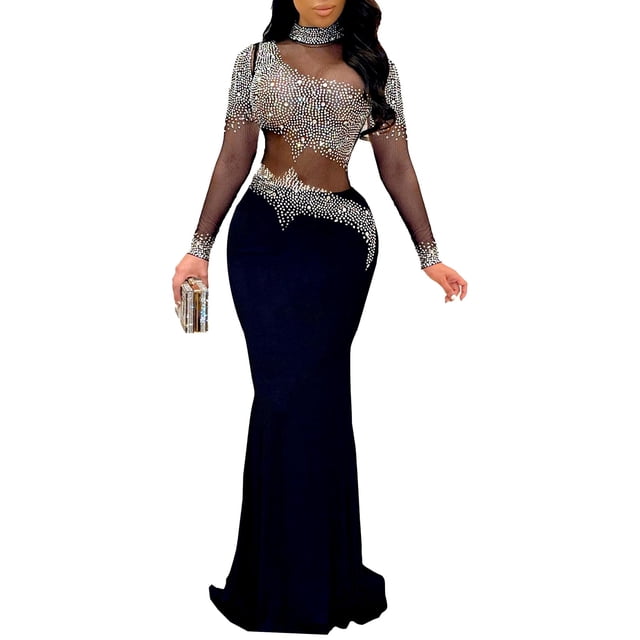 Vestido Nagfar Sexy Bodycon de malla transparente con diamantes de imitación para mujer