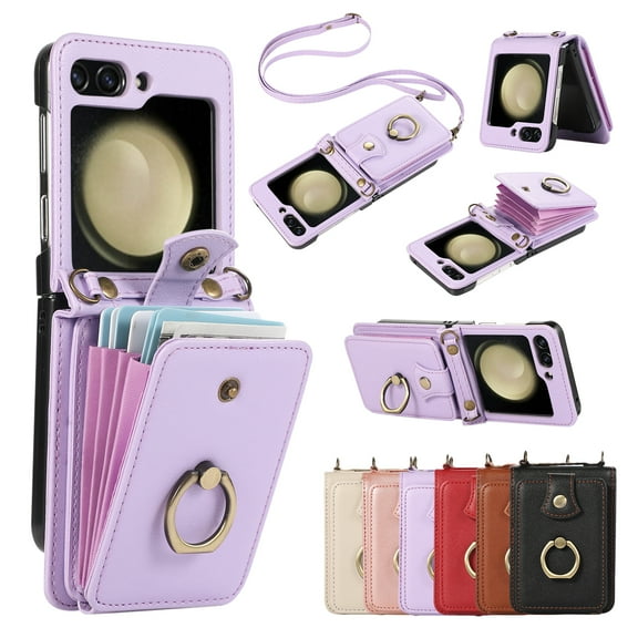 Wallet Case for Samsung Galaxy Z Flip 6, Kickstand Ring Holder Premium PU Leather Case with Crossbody Strap,Card Holder Slot Money Pocket 360°Rotation Metal Ring Grip Kickstand Cover,Purple